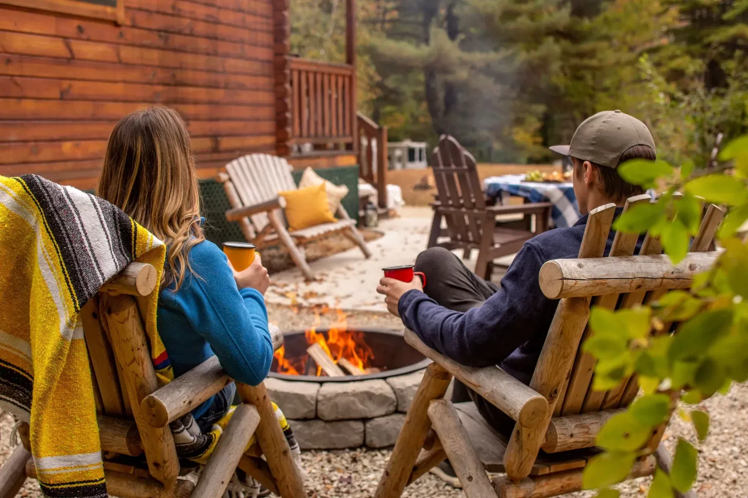 Couple outside cabin by campfire