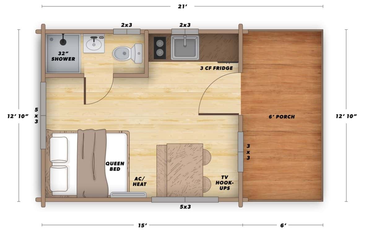 one room cabin with bathroom